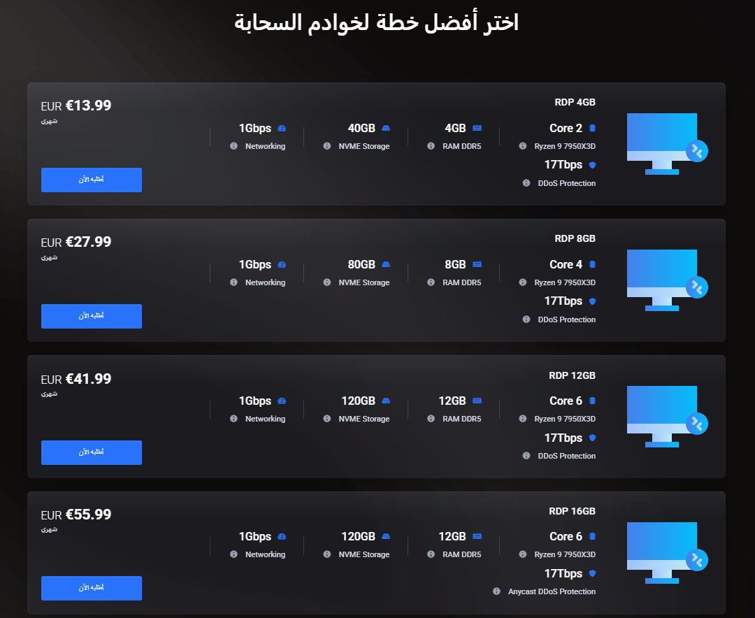 صفحة خطط VPS